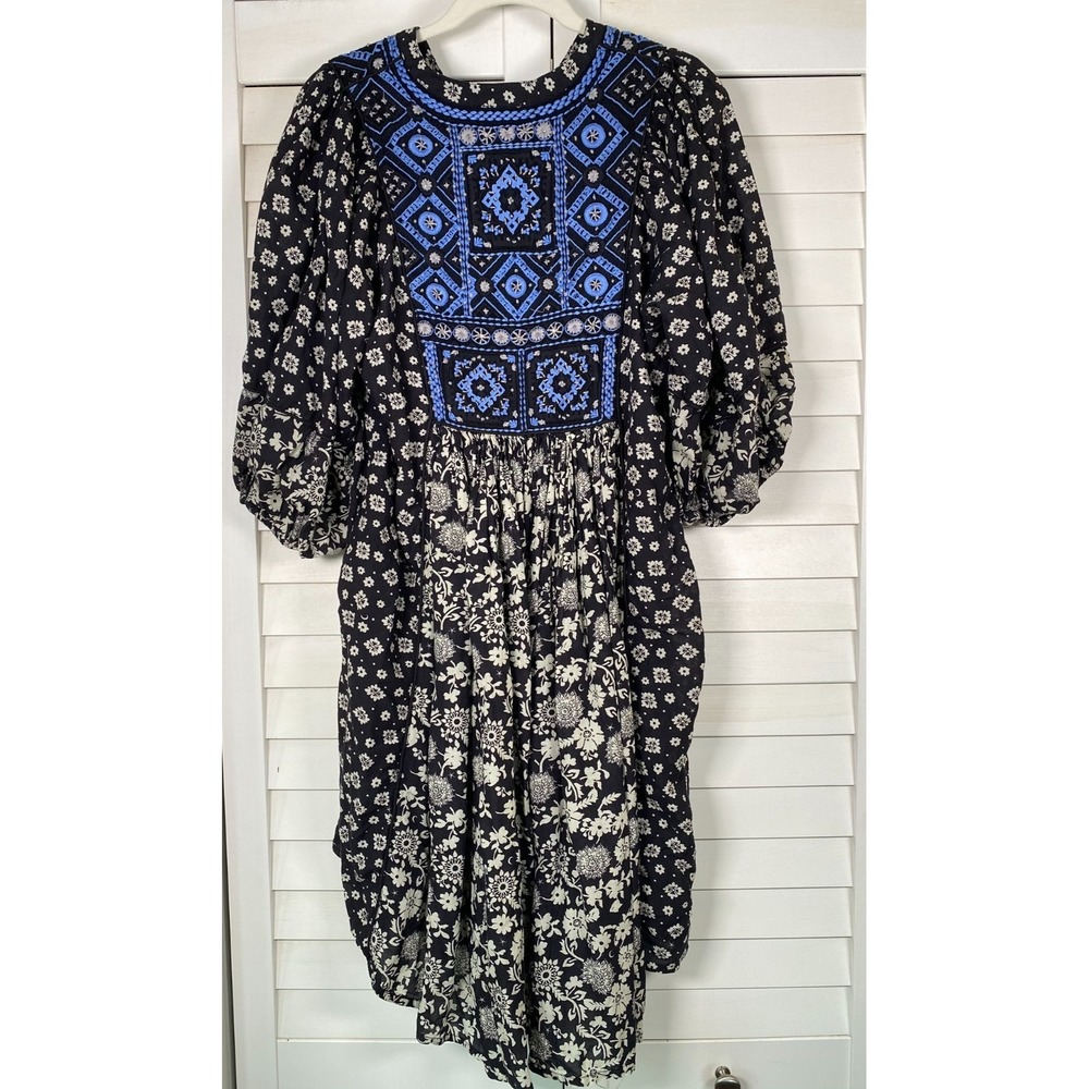 Sundance Lana Blue/Blac Prairie Dress Floral Embroidered Peasant Boho Western M - Picture 4 of 6
